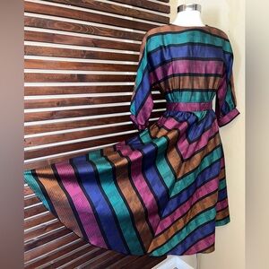 1980s 80s Vintage Black Pink Green Blue Striped 3/4 Sleeve Dress w/ Pockets